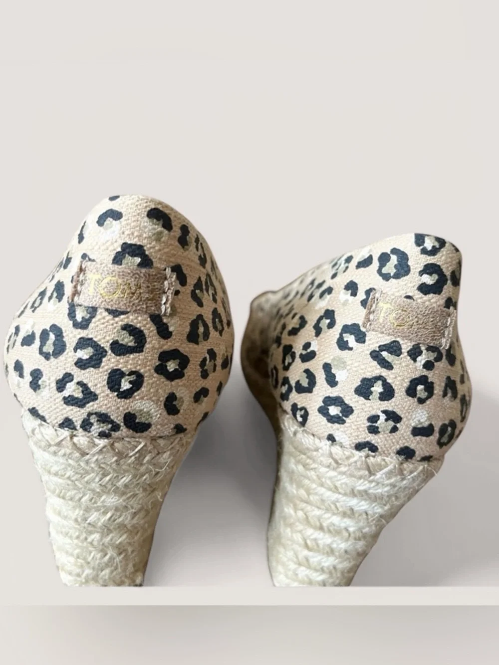 Toms Tan and Black Leopard Animal Print Wedge Peep Toe Sandals